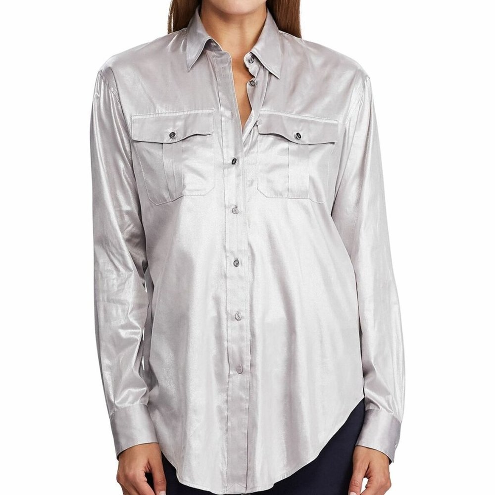 NWT Lauren Ralph Lauren Women's Silver Long-Sleeve Charmeuse Shirt Large L